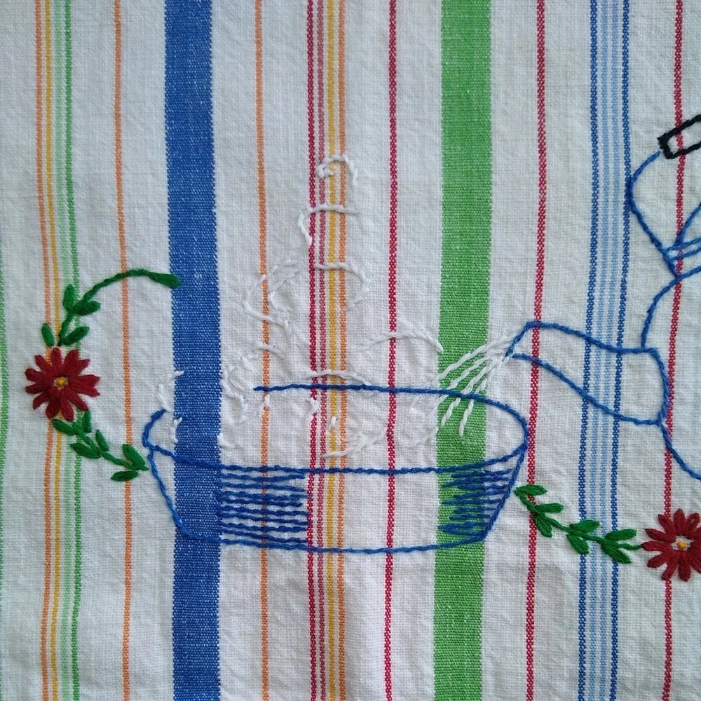 Vtg Embroidered Cotton Tea Towel Striped Blue Red Green Teapot 24 x 16